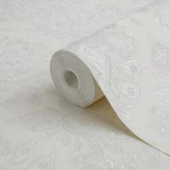 GoodHome Abeli White Russian Damask Metallic Effect Textured Wallpaper