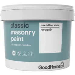 GoodHome Classic Pure Brilliant White Smooth Matt Masonry Paint, 10L -Prime Paint Shop goodhome classic pure brilliant white smooth matt masonry paint 10l3663602521600 08c bq