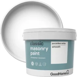 GoodHome Classic Pure Brilliant White Smooth Matt Masonry Paint, 10L -Prime Paint Shop goodhome classic pure brilliant white smooth matt masonry paint 10l3663602521600 37c