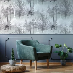 GoodHome Kitley Black & Grey Trees Metallic Effect Smooth Wallpaper -Prime Paint Shop goodhome kitley black grey trees metallic effect smooth wallpaper5059340410319 20i