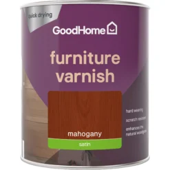 GoodHome Mahogany Satin Multi-surface Furniture Wood Varnish, 750ml -Prime Paint Shop goodhome mahogany satin multi surface furniture wood varnish 750ml5059340486833 02c