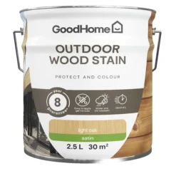 GoodHome Outdoor Light Oak Satin Quick Dry Wood Stain, 2.5L -Prime Paint Shop goodhome outdoor light oak satin quick dry wood stain 2 5l5059340297453 02c