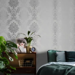 GoodHome Phacelia Grey Damask Textured Wallpaper -Prime Paint Shop goodhome phacelia grey damask textured wallpaper3663602560180 02i BQ