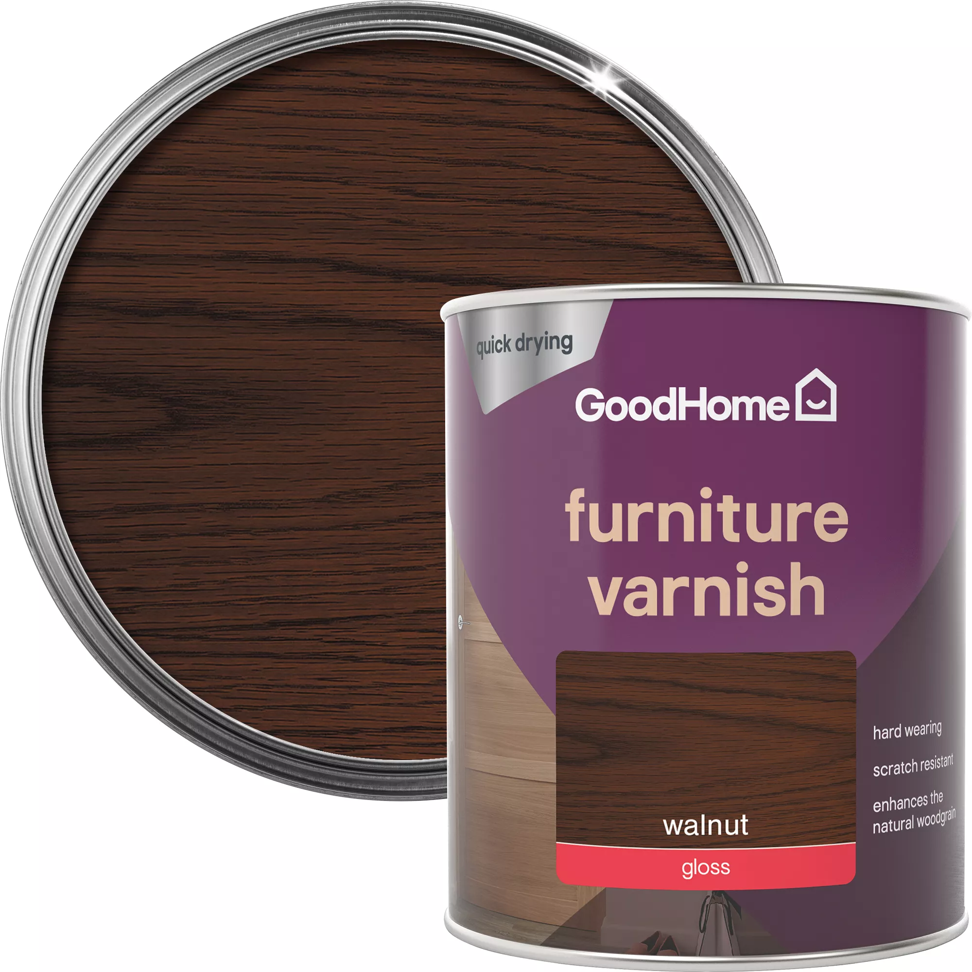 GoodHome Walnut Gloss Multi-surface Furniture Wood Varnish, 750ml 3 GoodHome Walnut Gloss Multi-surface Furniture Wood Varnish, 750ml