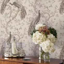 Laura Ashley Belvedere Soft Truffle Peacock Smooth Wallpaper -Prime Paint Shop laura ashley belvedere soft truffle peacock smooth wallpaper5011583468410 21i bq